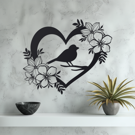 Bird and Blooms Metal Wall Art large Black