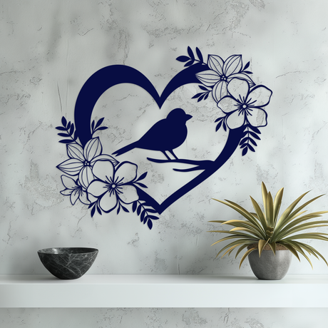 Bird and Blooms Metal Wall Art Large Blue