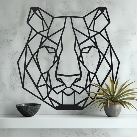 Geometric Lion Head Metal Wall Art Extra Large Black
