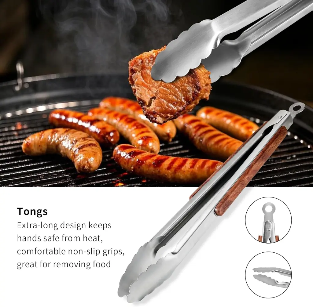 Metal BBQ Cooking Utensil set tongs.webp