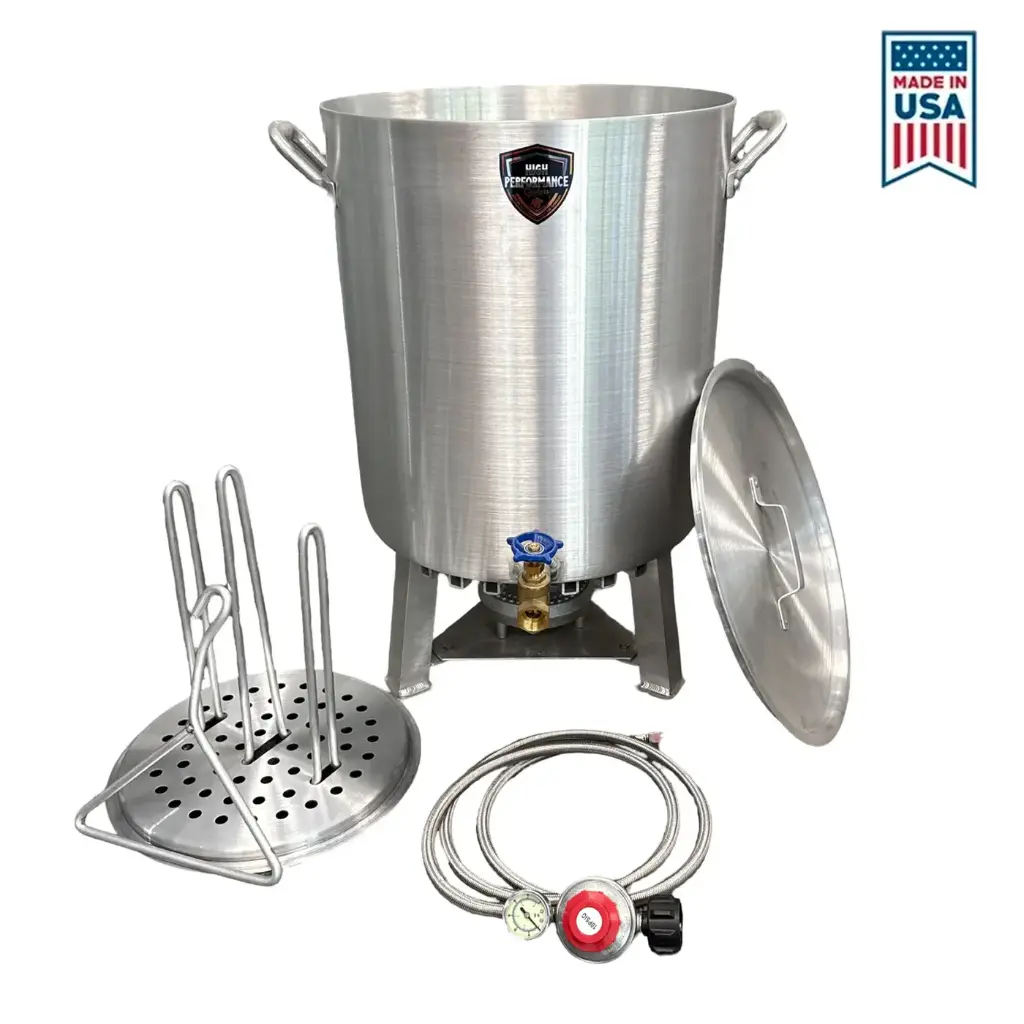 High Performance Cookers (HPC) 60 Qt Dual Turkey Fryer Pot With Drain Valve / Lid & Turkey Rack