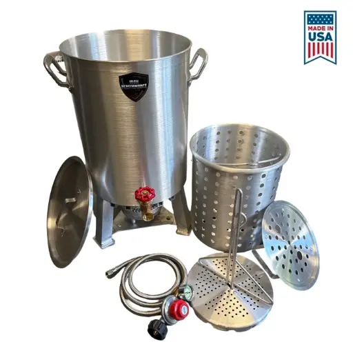[PW30-VLV075-TFRB] High Performance Cookers (HPC) 30 QT Turkey Fryer Pot with Drain Valve, Lid & Turkey Rack
