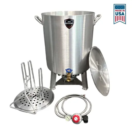 High Performance Cookers (HPC) 60 Qt Dual Turkey Fryer Pot With Drain Valve / Lid & Turkey Rack